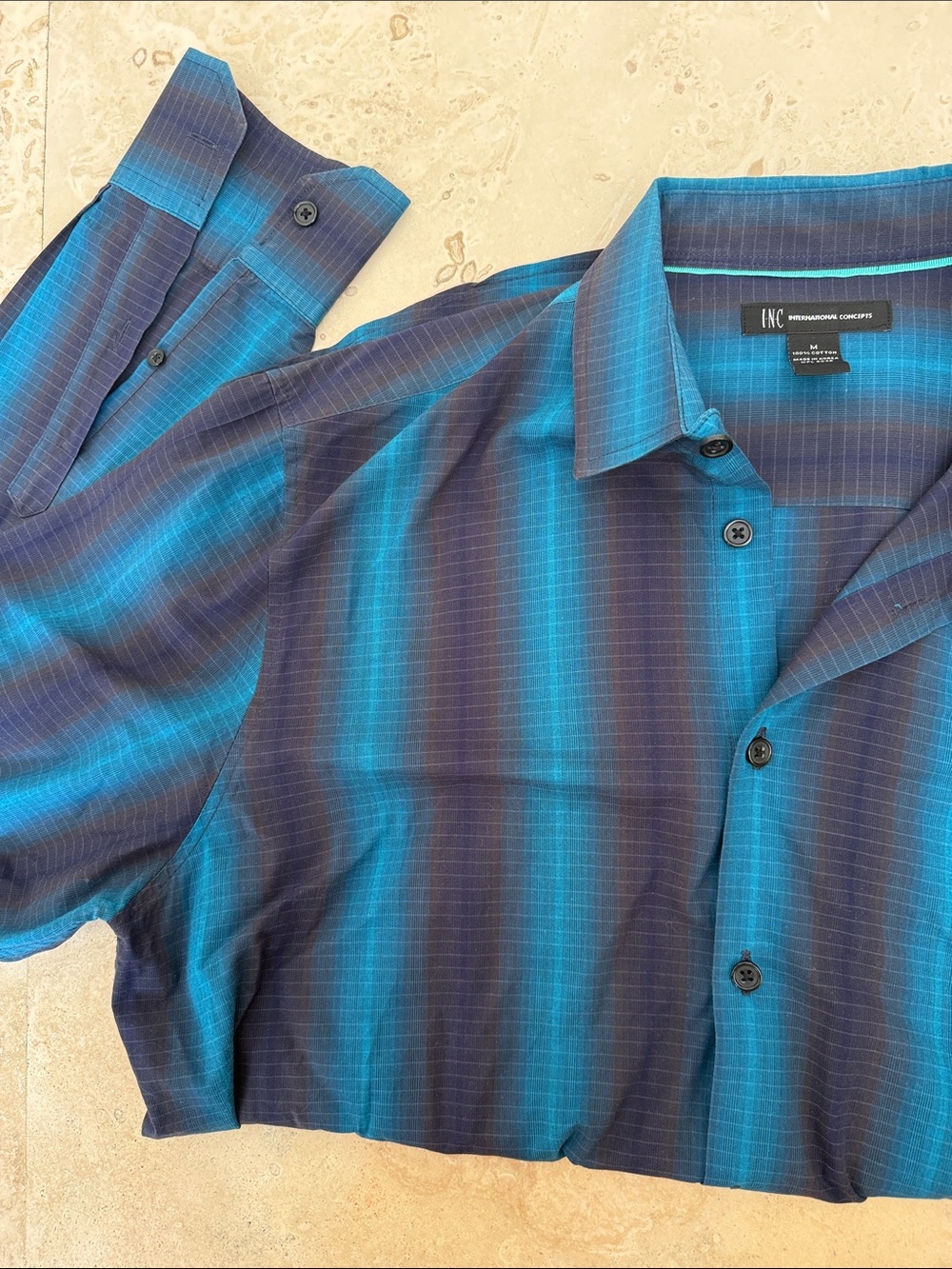 INC International Concepts Men's Blue and Teal Striped Dress Shirt